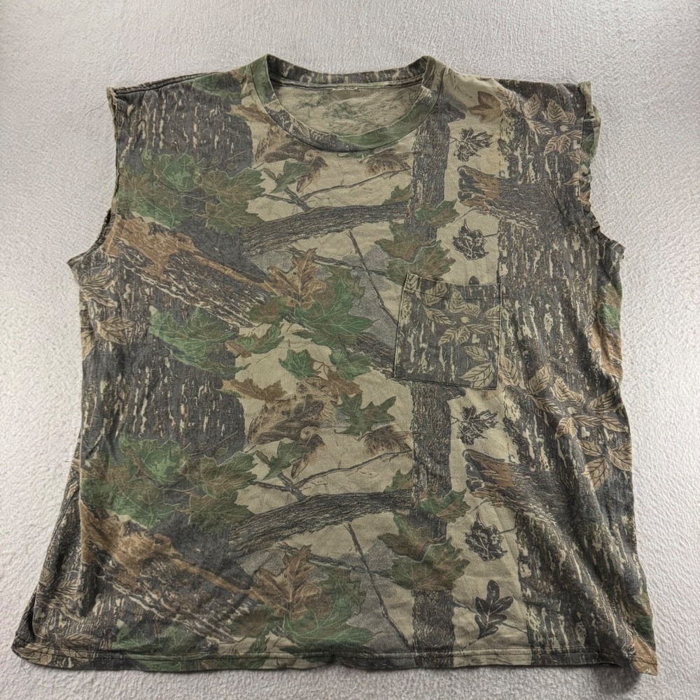 Realtree Camo Muscle Tee Mens 2XL Green Brown Good Sleeveless Pocket T-Shirt